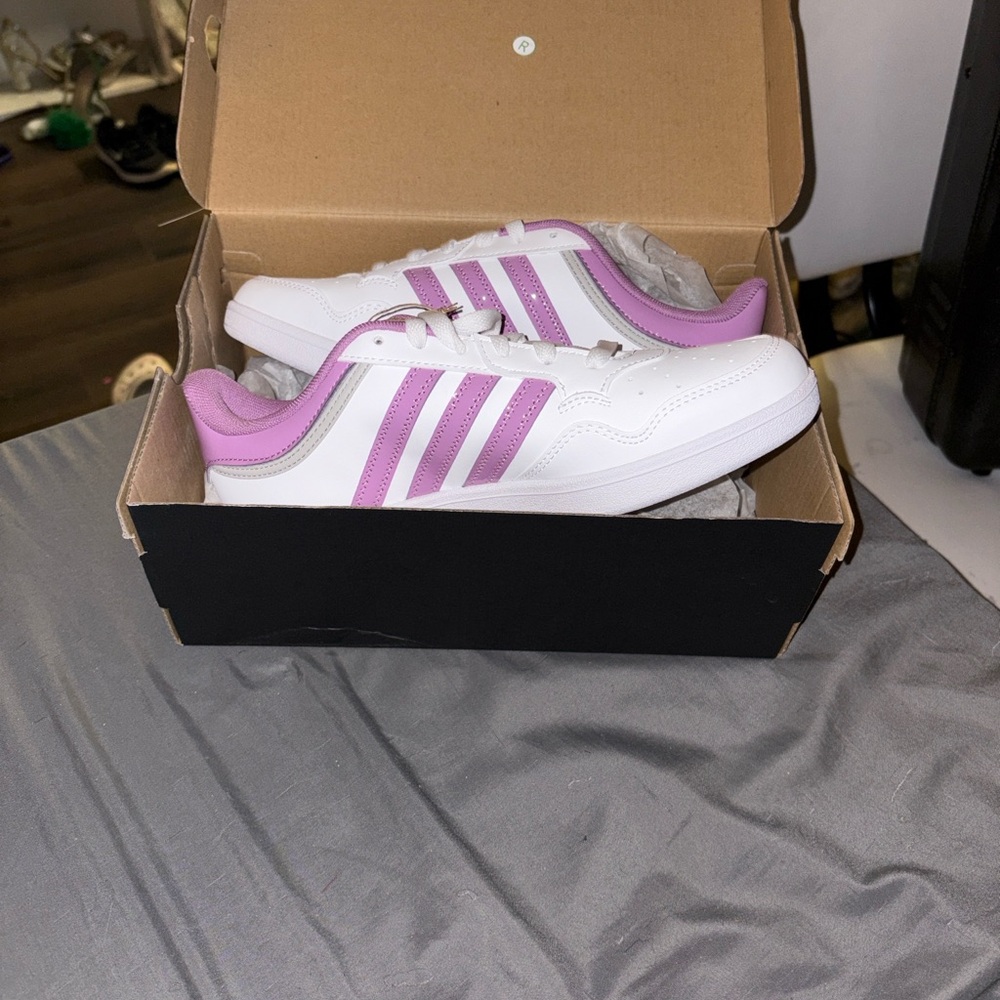 Adidas White Sneakers with Pink Stripes